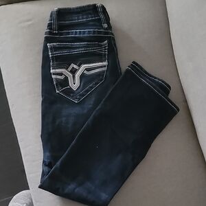 Men Salvage Blue Slim Boot Cut Jeans with Signature Stitching 26x30